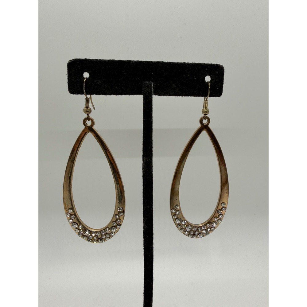 Gold Tone Rhinestone Teardrop Hoop Earrings Fishhook Drop Dangle Sparkle